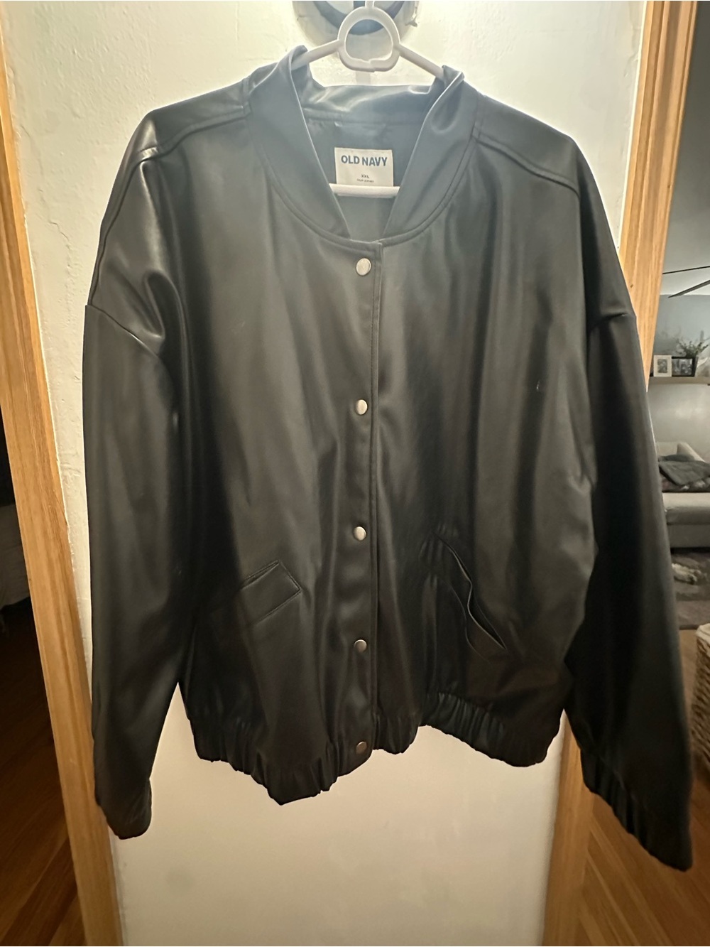 Old Navy Black Faux Leather Bomber Jacket with Snap Front